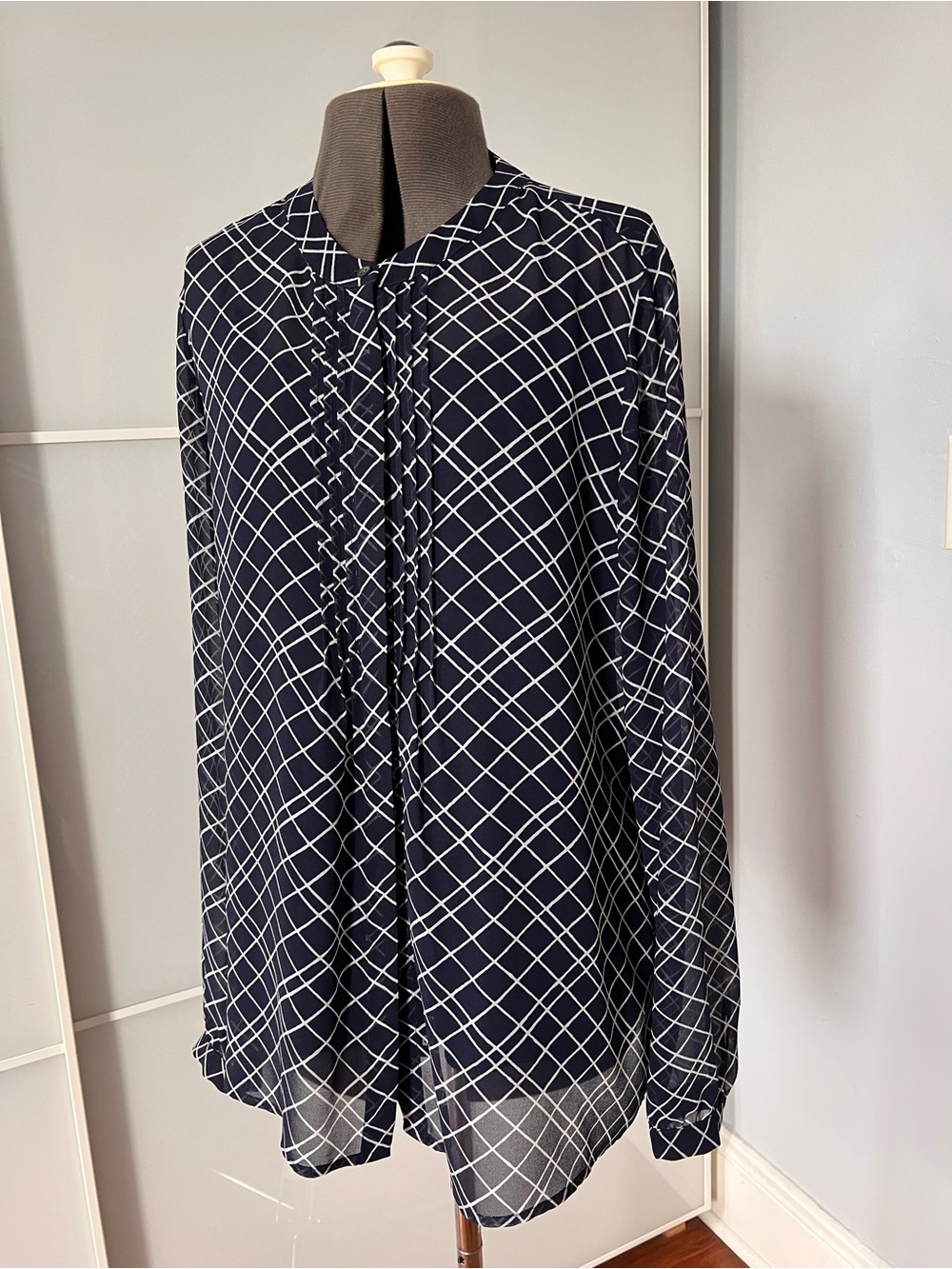 Banana Republic Navy and White Grid Ruffle-Front Blouse